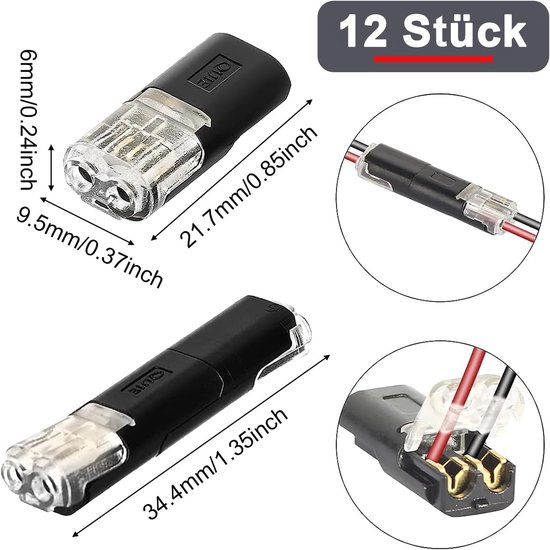 Set van 12 zwarte kabelconnectoren met doorzichtige kap en zilveren contacten. Afmetingen 21,7 mm en 9,5 mm breed. Geïllustreerd met verbonden draden.