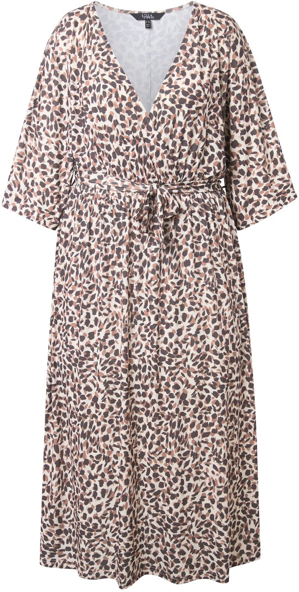 Ulla Popken - Dames - Maxi-jurk luipaardmotief V-hals 3/4-kimonomouwen - Donker kiezel - Maat 50+