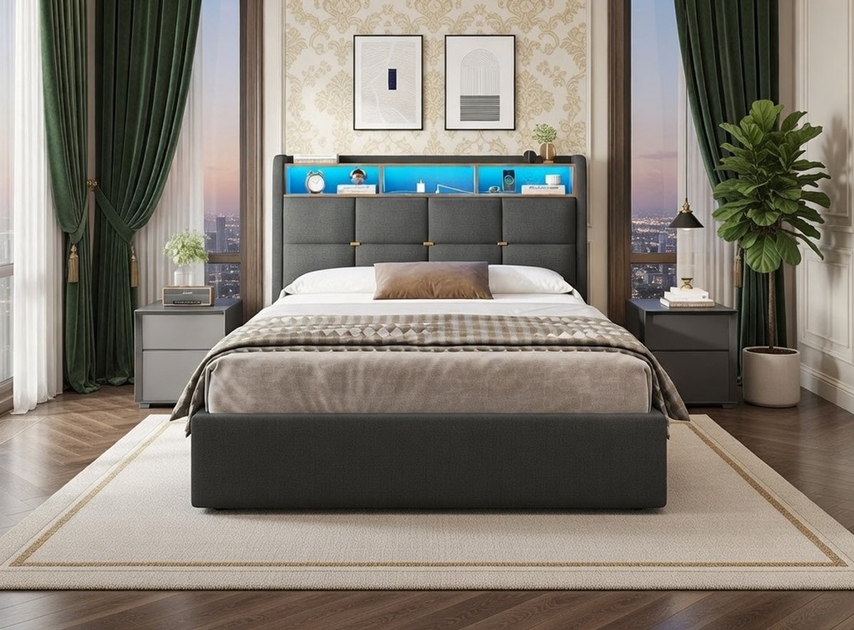 Luxor Tweepersoonsbed 140x200 cm - Gestoffeerd Bed met Hydraulische Opbergruimte, LED Hoofdeinde, USB poorten en Stopcontacten, Modern Linnen Bedframe met Lattenbodem en Bedlade - Comfortabel en Stijlvol Casa Serena
