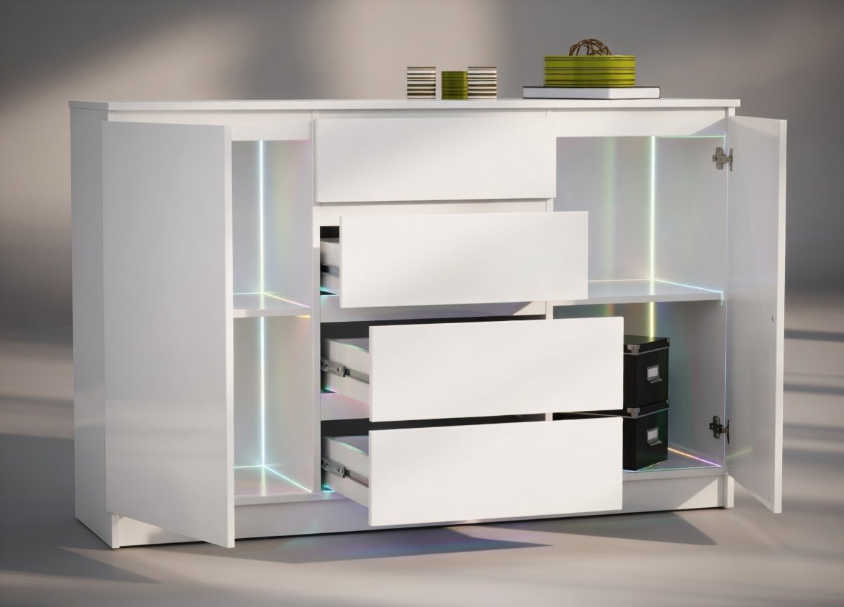 Commode 160x40x99 cm met 4 Laden en 2 Deuren – Modern Dressoir Kast voor Woonkamer, Slaapkamer en Kantoor – Wit – Abkantoo