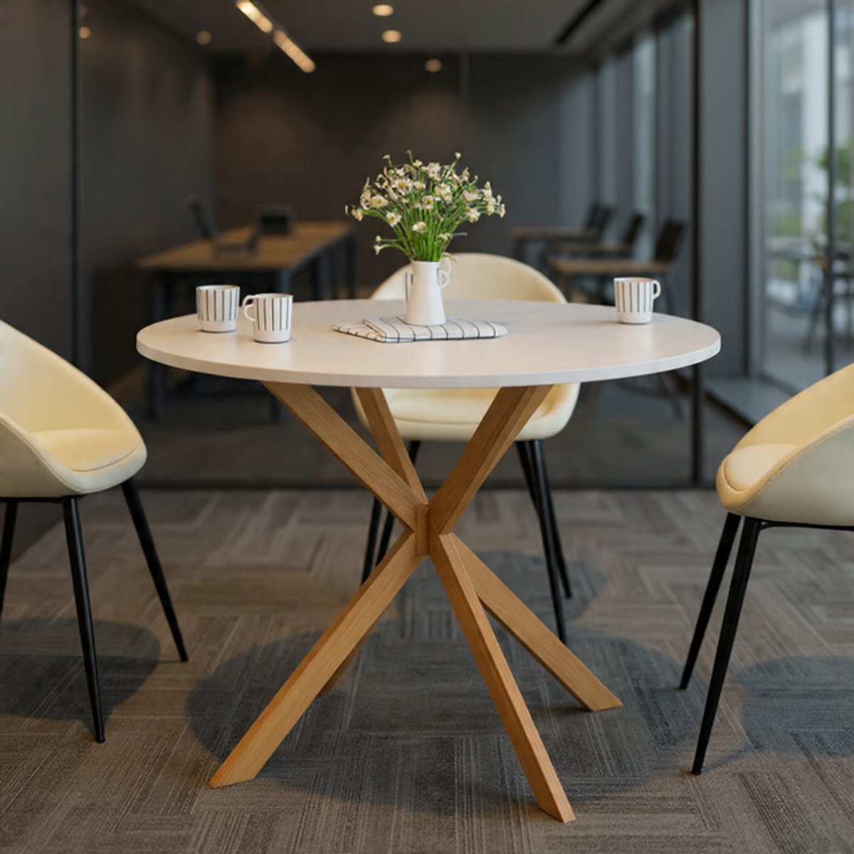 Ronde Eettafel Gisele Wit Eiken 110 cm - 6 personen - Houten Tafelblad - Spinnenpoot Onderstel - Moderne & Scandinavische Stijl - Casa Serena – 110 cm – Casa Dorada