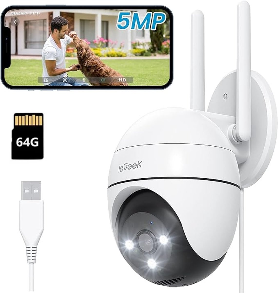 ieGeek Beveiligingscamera Buiten – 5MP - Buiten Camera Met Nachtzicht – Buitencamera - Bewakingscamera voor Buiten- Met WiFi en APP - Incl. 64GB SD