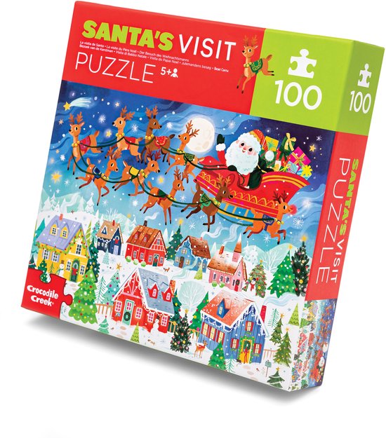 Doos van 'Santa's Visit' puzzel met kerstman, rendieren en dorpsafbeelding. 100 stukjes, 5+.