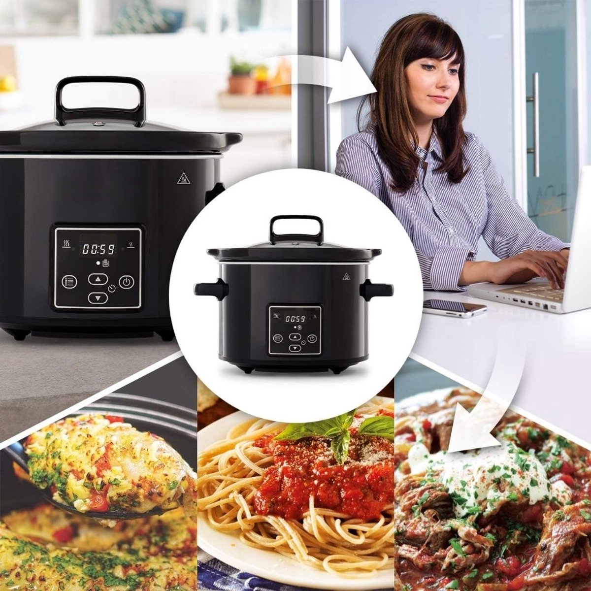 Slowcooker Met Timer - Slowcooker - Multicooker - Zwart - 28cm x 28cm x 21cm – foto 5