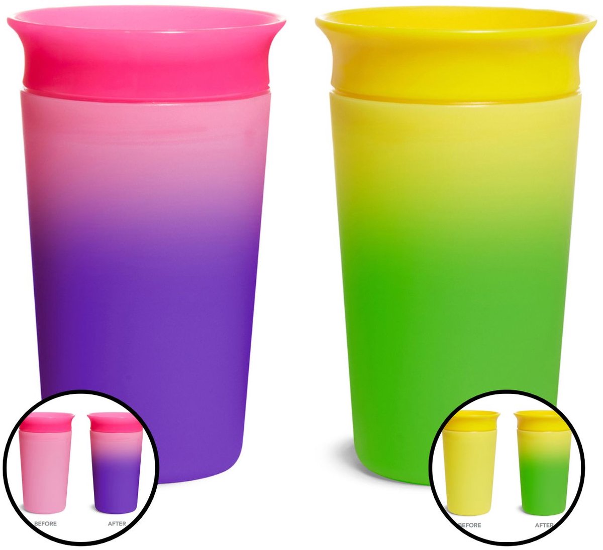 Munchkin miracle anti-lek 360° drinkbeker - 2pk sippy cup - veranderd van kleur - warmtegevoelig - oefenbeker voor baby en kind - 266ml - 2 stuks - roze/geel