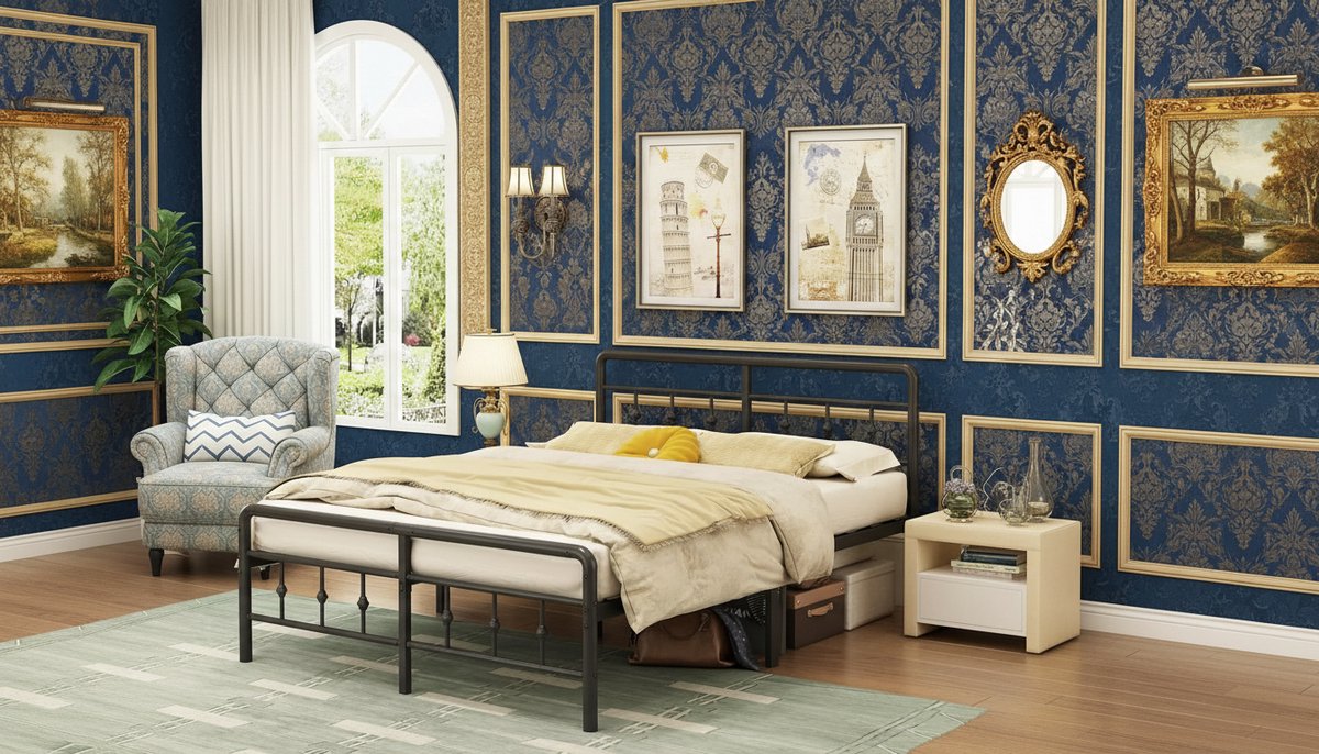 Metalen Tweepersoonsbed 160x190 cm Zwart – Duurzaam Casa Velluto Bedframe met Victoriaans Hoofdeinde en Voetenbord, Stalen Lattenbodem, Heavy Duty, Stil en Eenvoudig te Monteren