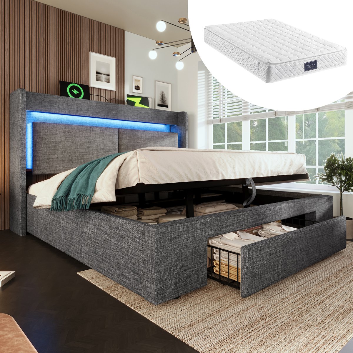 REDOM gestoffeerd bed 160x200 cm – Linnen grijs – LED, 3 USB + 1 Type-C, hydraulische opbe