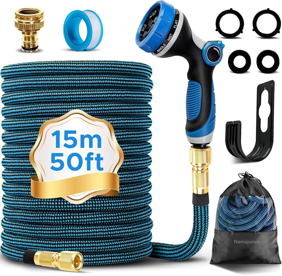 Namajunas - Tuinslang flexibel - 15 meter Uitrekbare Waterslang - 10 Funktions tuinsproeier en Slanghouder - Inclusief Opbergtas en koppelstuk - Drielaagse latex balkonslang - tuinslangen - Garden