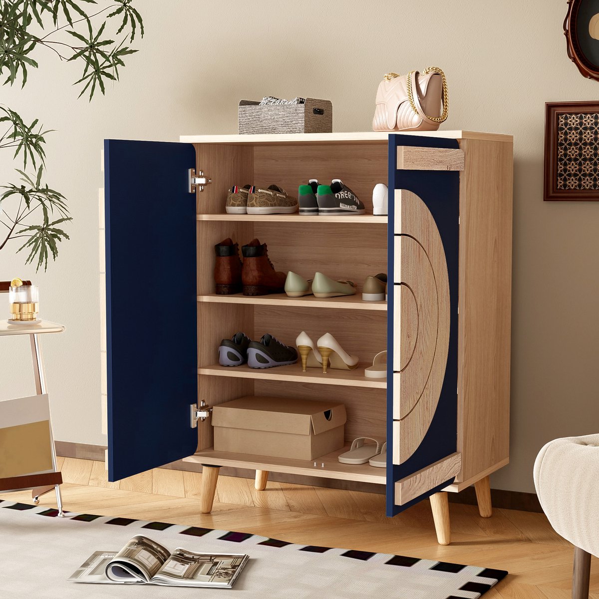 Moderne schoenenkast - voorzien van ronde geometrische deuren - meerdere opbergvakken - houten poten - blauw en houtkleurig