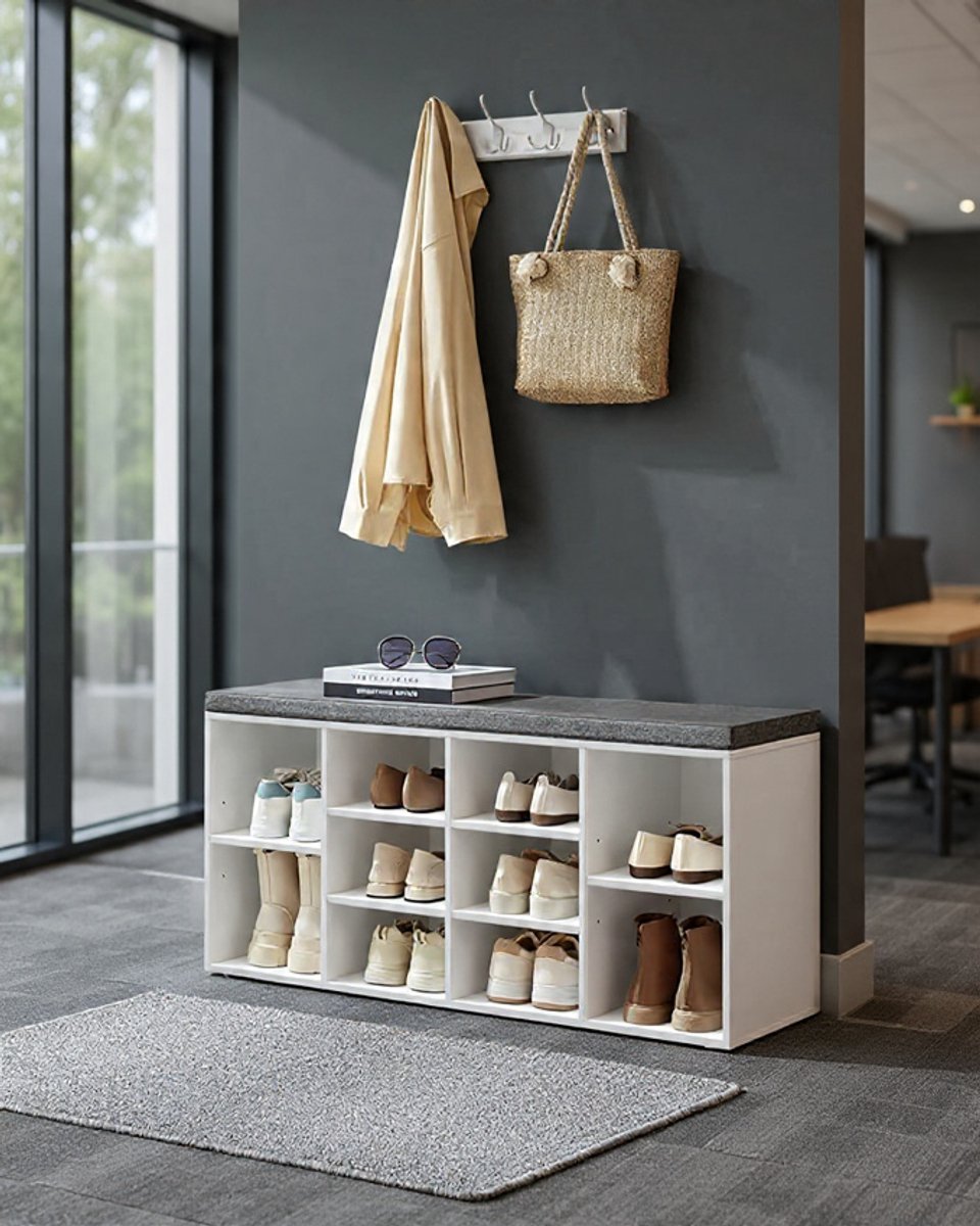 Moderne Schoenenbank met Zitvlak en Opbergruimte - 10 Vak Schoenenrek met Verstelbare Planken - Halve bank, Slaapkamerbank en Opbergmeubel - Wit-Grijs 30 x 104 x 48 cm - Casa Serena