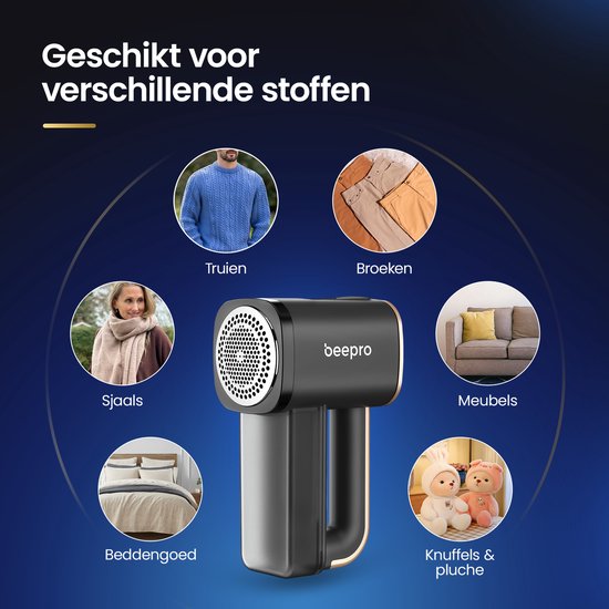 Zwarte en gouden pluizenverwijderaar omringd door cirkels met voorbeelden van toepassingen: truien, broeken, sjaals, meubels en knuffels. De tekst zegt: "Geschikt voor verschillende stoffen".