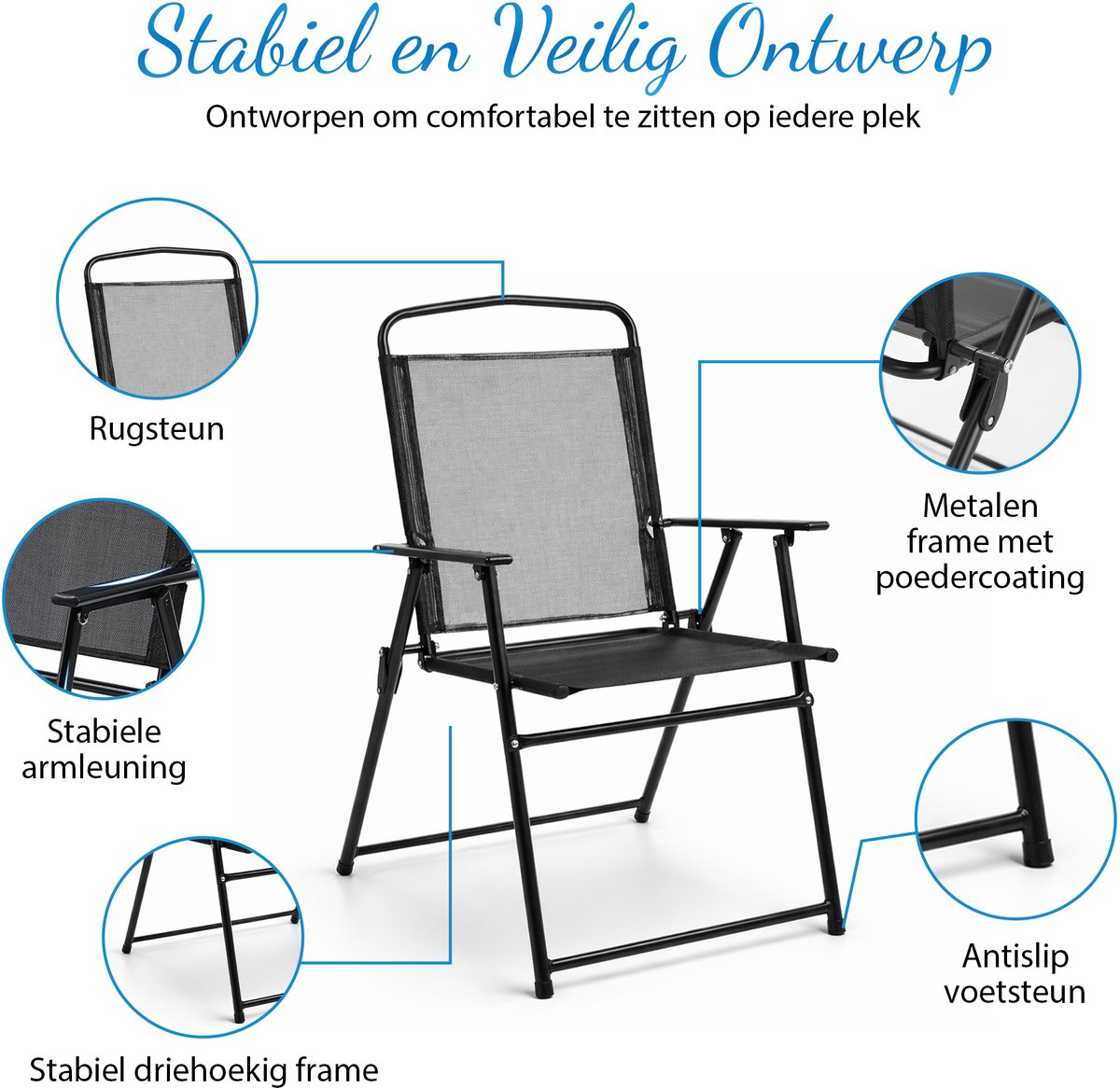 Happy Holidayz 2 Opvouwbare Tuinstoelen Zwart - Tuinstoel Set 2 Stuks 65x53x90cm - Staal Weerbestendig - Inklapbare Strandstoel voor Tuin, Balkon & Camping - Kampeerstoel - Vouwstoel - Klapstoel buiten - Campingstoel - Tuinstoelen - Balkonstoel thumbnail 2