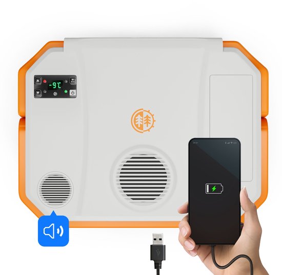 Peme Trip Sunset Orange - Elektrische Koelbox met Bluetooth Speaker - 31,5L - Koelen en Verwarmen - 12V/24V/230V - Auto & Camping Koelkast - USB-poort - ECO-modus - Fluisterstil 26dB - Verwijderbaar Rooster van Merkloos — afbeelding 5