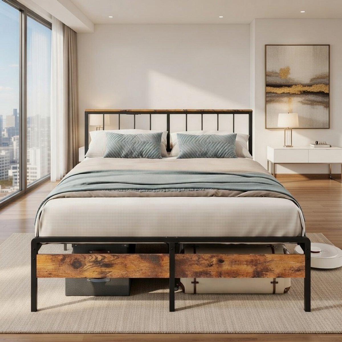 Lumina LED-bed 140x200 cm - Twee met opbergruimte, USB- en Type-C-laadstation, 2 AC-stopcontacten, metalen lattenbodem, slimme LED-kleuren, moderne slaapkamerbedden Casa Serena