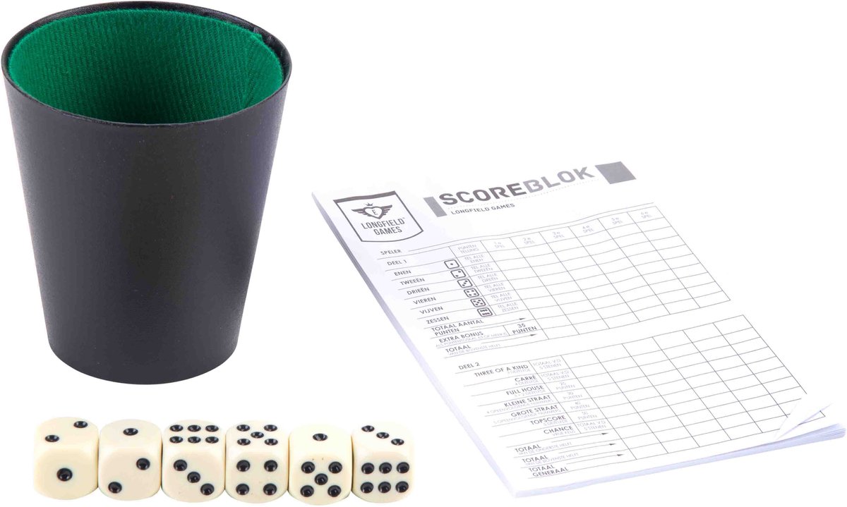 Dobbelset Compleet - Pokerbeker - 5 Dobbelstenen 16 mm - Scoreblok 25 Vellen - Complete Spelset - Engelhart — afbeelding 6