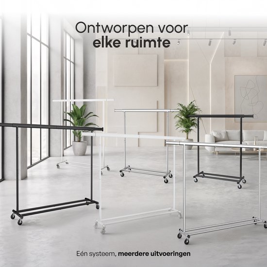 Meerdere Bodo kledingrekken in verschillende kleuren: zwart, wit en zilver, in diverse interieurs.