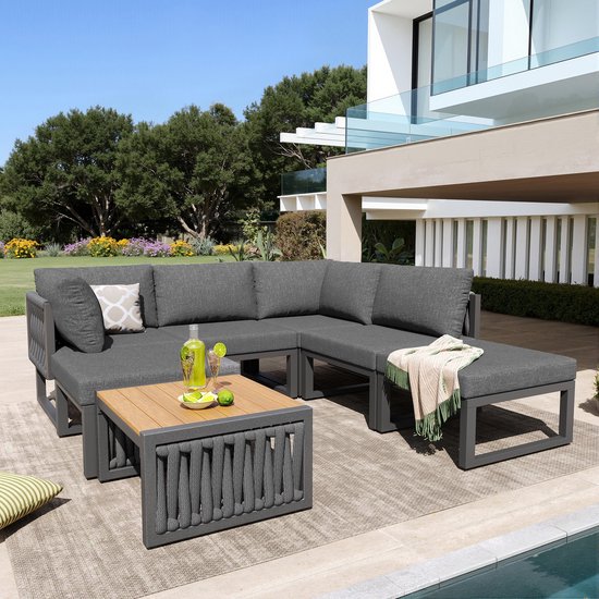Sweiko Tuin Loungeset - 6-zitsbank - Met kussens - Tuinligstoel - Verstelbare rugleuning - Met salontafel - Grijs
