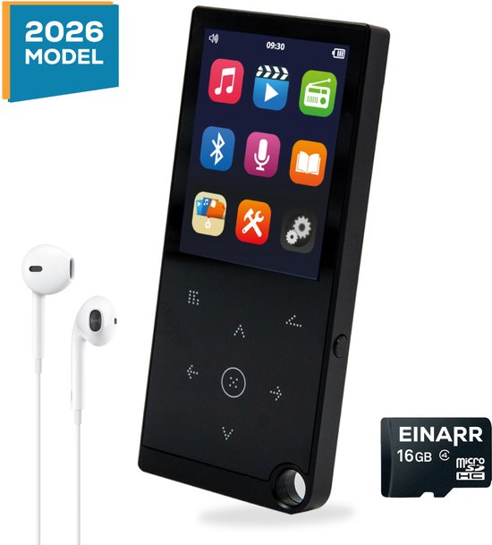 Zwarte MP3-speler met touchscreen, oordopjes en 16GB Micro SD kaart. "2026 MODEL" staat op een blauw label.