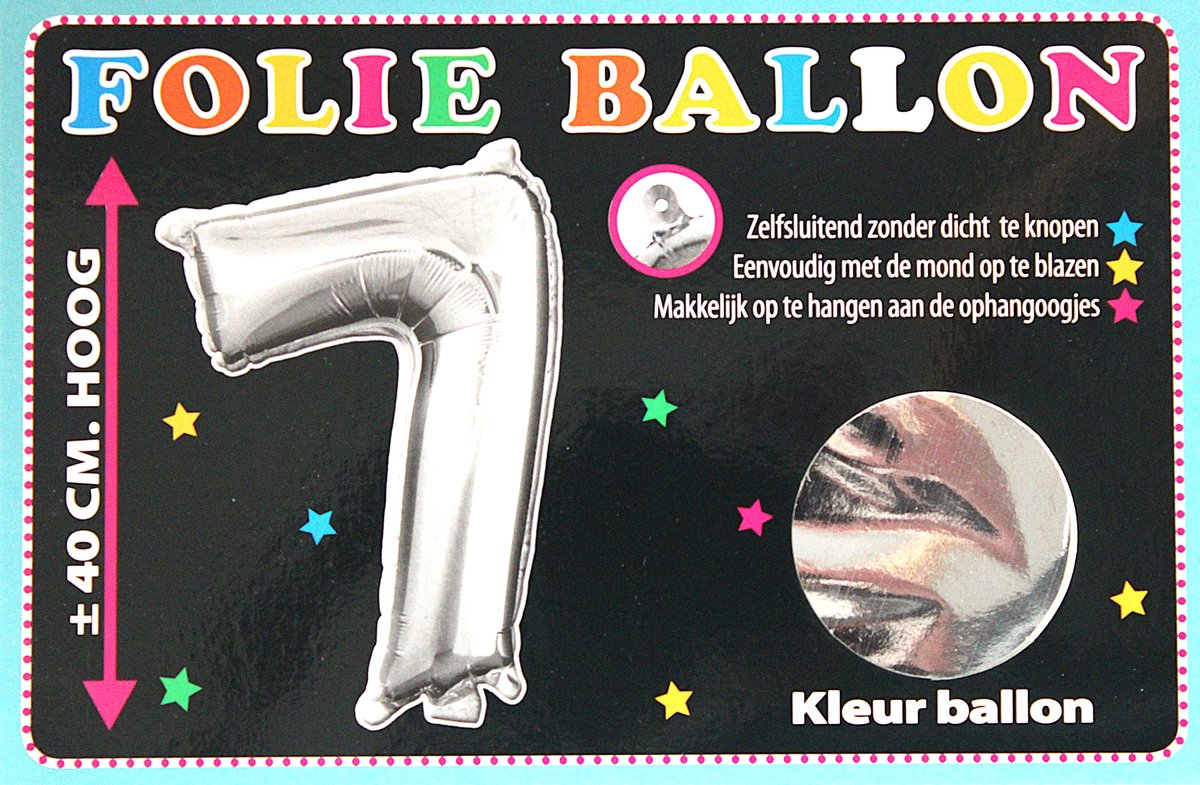 Folieballon - 7 - Cijfer Zilver - 40cm - Folie - Ballon - Zelfsluitend - Eenvoudig Met Mond Opblazen - Ophangoogjes - Touche Cards