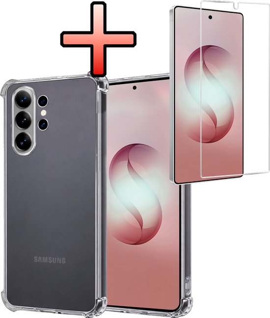Transparante telefoonhoes en een schermprotector naast elkaar, met een rood kruis symbool erboven.