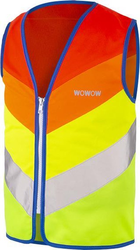 Veiligheidshesje met rits in chevron-patroon: oranje, geel, groen en reflecterende banen. WOWOW-logo op borst.