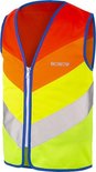 Veiligheidshesje met rits in chevron-patroon: oranje, geel, groen en reflecterende banen. WOWOW-logo op borst.