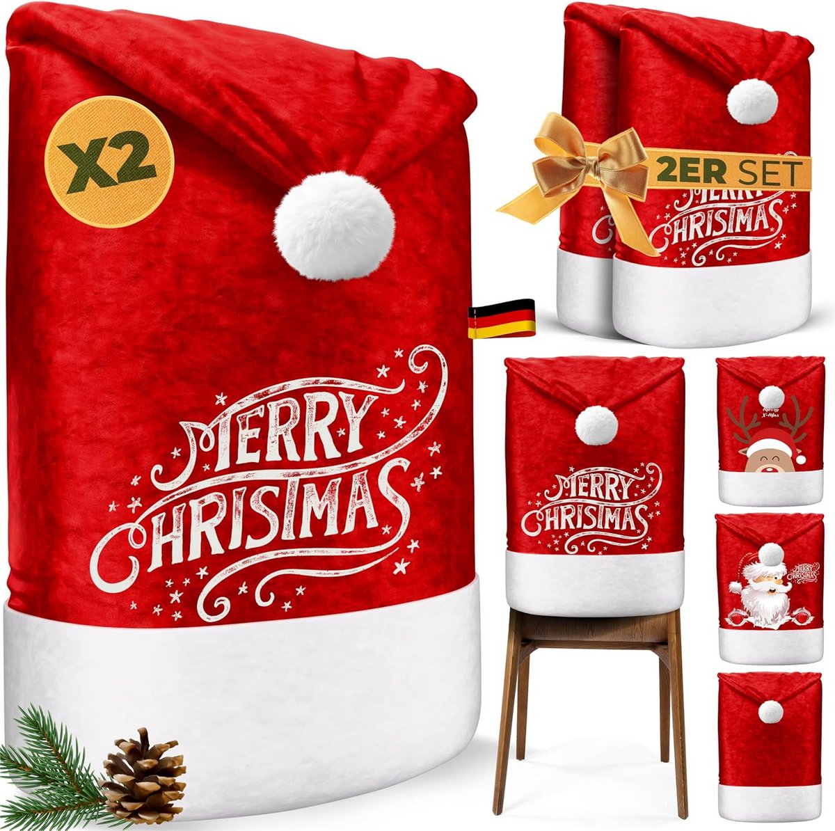 Set van 2 Luxe Kerst Stoelhoezen Decoratie - Zacht Pluche & Feestelijk Design