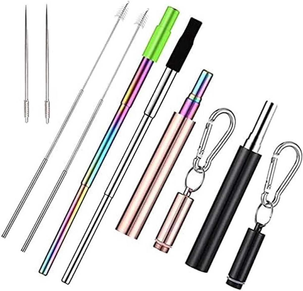 Telescopische Herbruikbare Rietjes van RVS met Siliconen Tip en Sleutelhanger Set