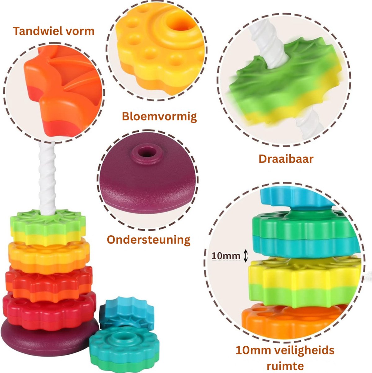 Homeblend Draaiende Stapeltoren - Speelgoed 1 Jaar - Educatief & Sensorisch Babyspeelgoed - Fijne Motoriek & Hand-oogcoördinatie - 6 Multicolor Stapelringen — afbeelding 6