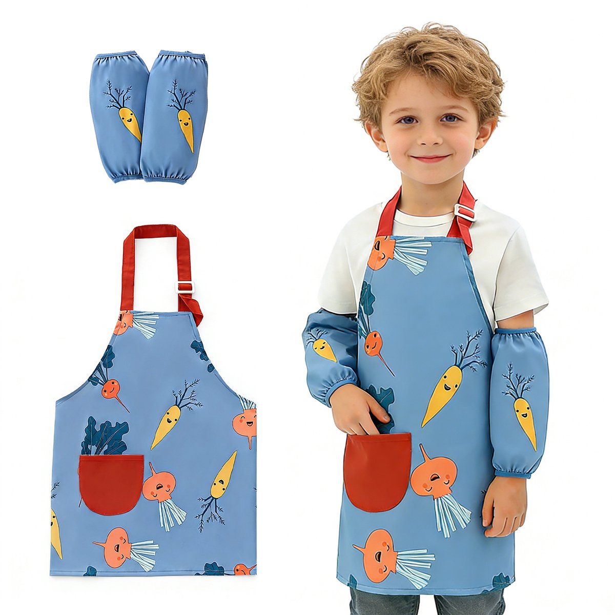 Verstelbare waterdichte kinderschort en mouwset - Keukenschort voor kinderen met zakken - Geschikt voor jongens en meisjes voor koken, bakken, schilderen, tuinieren en andere activiteiten op school (>=150 cm)
