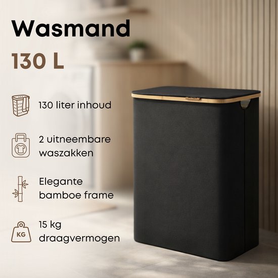 ACAZA Panier à Linge - Trieur de Linge - Panier à Linge avec Couvercle - Panier à Linge 2 Compartiments - Bamboe - 130L - Zwart