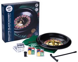 Roulette & Black Jack Set 30 cm – Complete Amerikaanse Versie met 0 en 00 – Tweezijdig Kleed, Fiches, Kaarten & Croupierhark – Casino Spel voor Thuis – Longfield Games