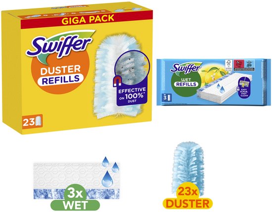 Swiffer Duster Piège & verrouillage - 23 recharges & Lingettes humides pour sol - 3 recharges