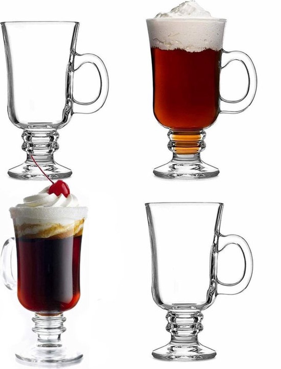 Kayaglas - Luxe Irish Coffee – Koffieglazen – Latte Macchiato Glazen op voet met handvat - cappuccino glazen - Set van 4 - 250 ml