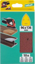 Wolfcraft verpakking voor schuurpapier, met afbeeldingen van een schuurmachine en schuurpapier. Afmeting 96x136 mm.