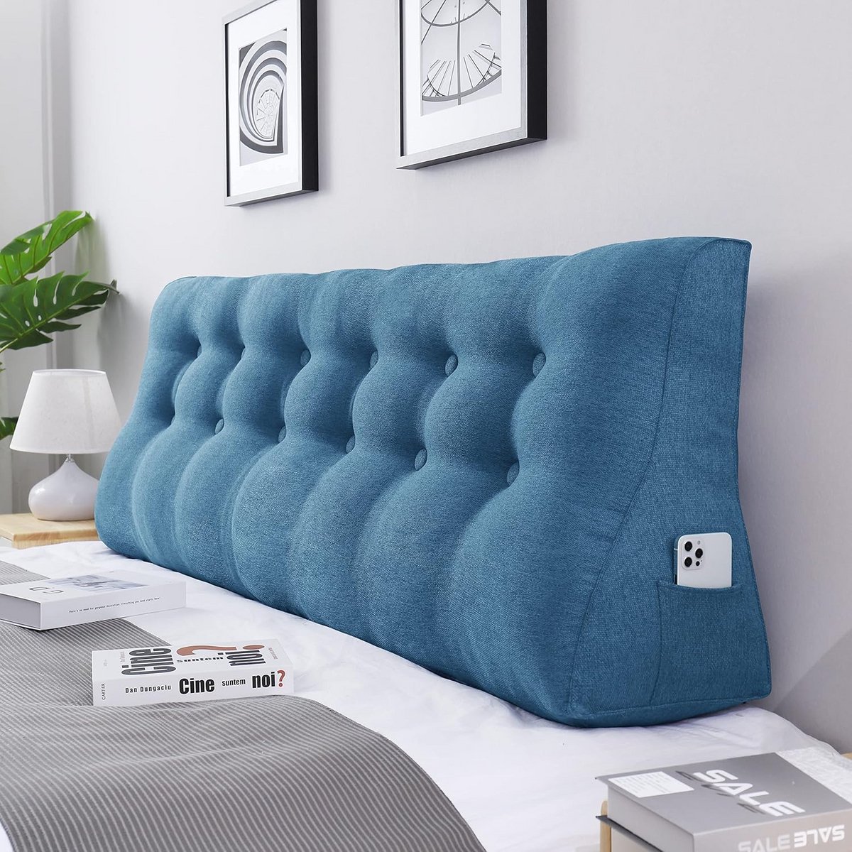 XXL rugkussen met hoge rugleuning, wasbare hoes, voor bed of bank - blauw 180 cm