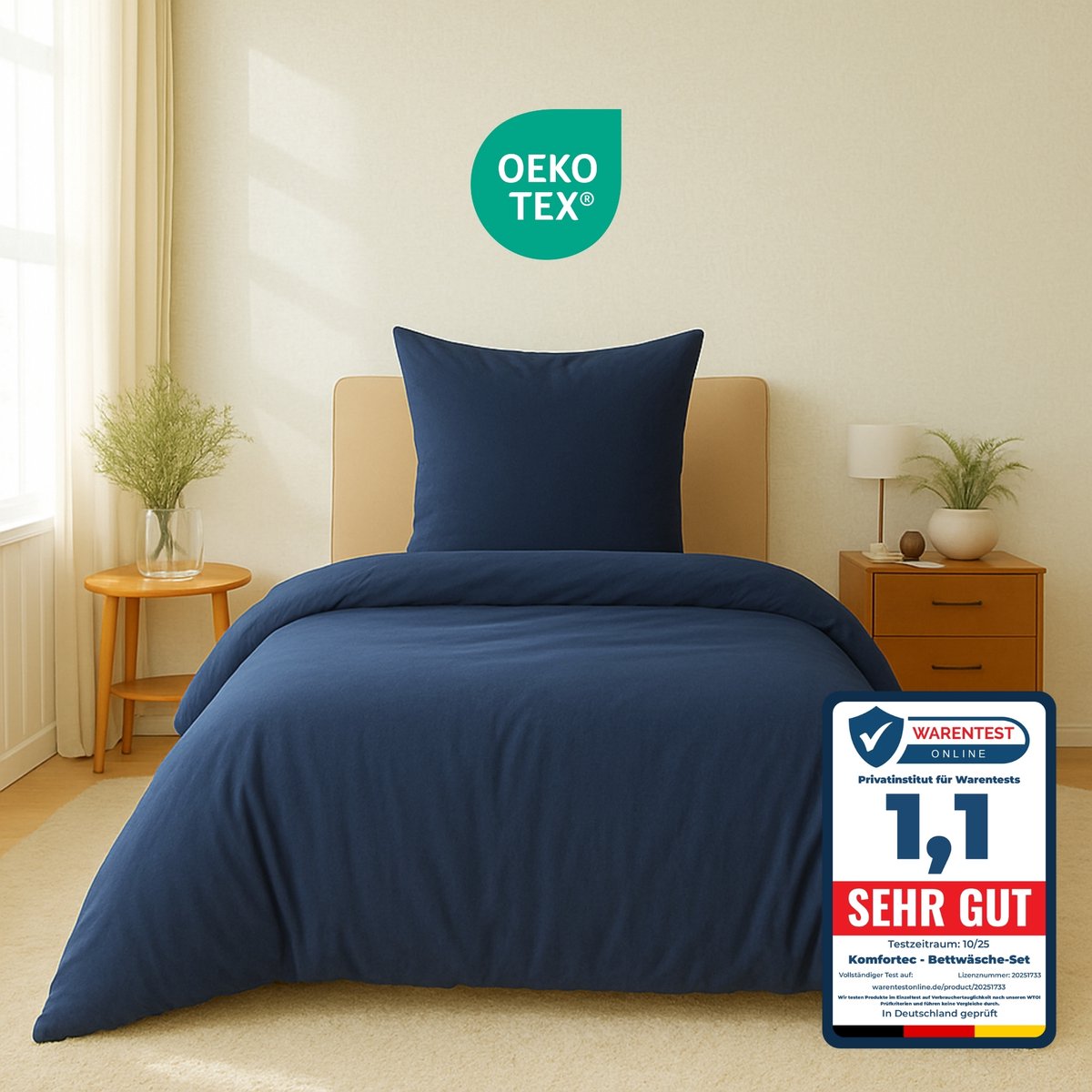 Komfortec Premium Dekbedovertrek 155x220 cm + 1x Kussensloop 80x80 cm - Geborsteld 100% Polyester Microvezel 90 g/m² - 3-Delige Superzachte Beddengoedset - Blauw