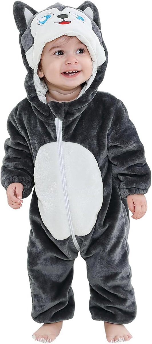 Winter Romper voor Baby's en Peuters - Flanellen Dino en Husky Print met Capuchon en Rits - Warme Onesie voor 0-36 Maanden