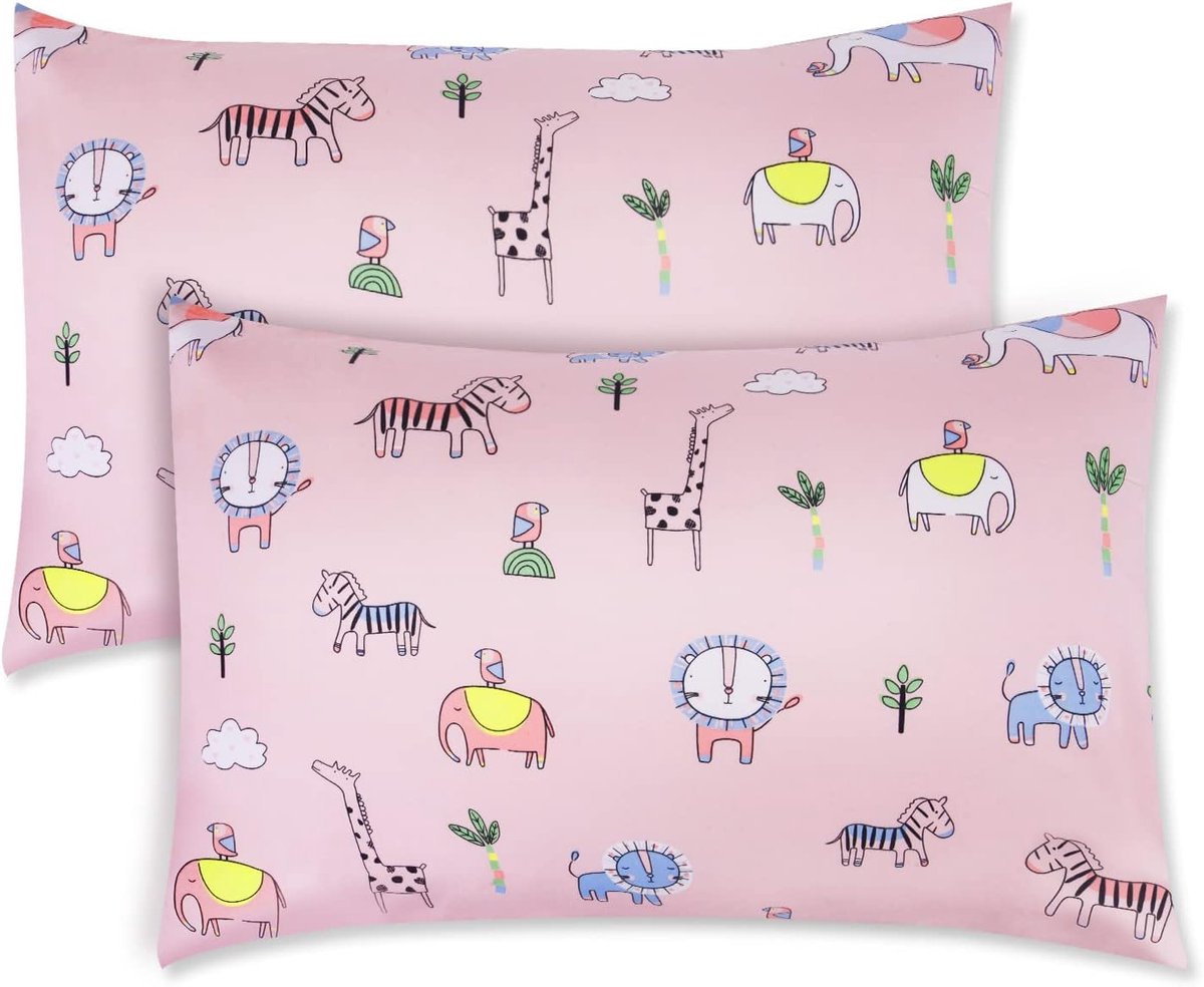 Famanu Baby Peuter Kussensloop 2 pack katoen zachte kussensloop voor jongens en meisjes beddengoed kinderen reizen kussensloop 40 x 60 wasbare en ademende babykussens roze boswereld Pink -Forest World