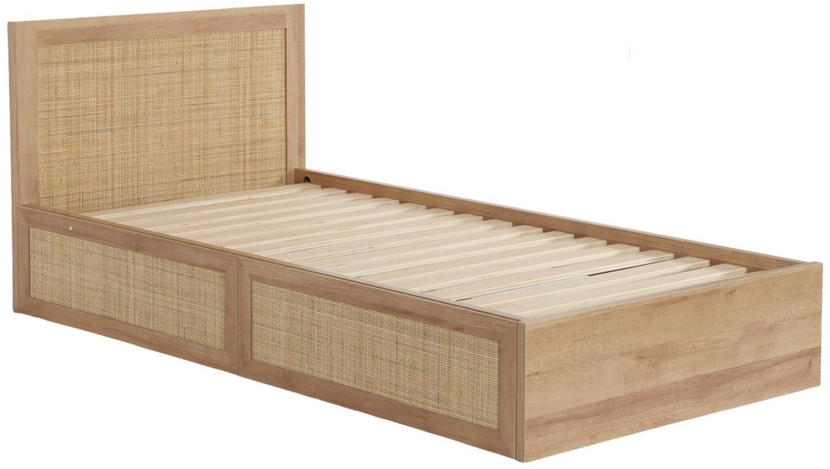 sweeek Bed met lattenbodem en hoofdbord 90x190cm + 2 lades van houtdecor en rotan - bohème Naturel