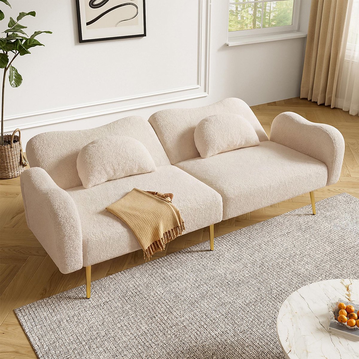 BLACKCOLORS [Slaapfunctie] Tweepersoonsslaapbank – Moderne tweezitsbank met verstelbare rugleuning + gouden metalen poten, geïntegreerde slaapfunctie. Multifunctioneel 2-in-1 meubel.