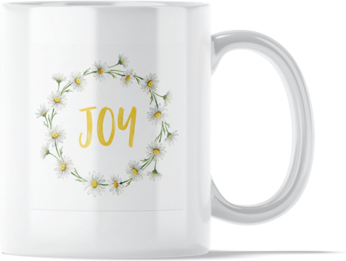 "Aquarel Series" Mok: Joy Flowers – Woord Blijdschap/ Vreugde Bloemen - Vrolijke Waterverf Mok met Zonnige Madeliefjes - Positieve Herinnering om Blij en Vreugdevol door het Leven te Gaan - Lief Cadeau voor Moeder of Vriendin