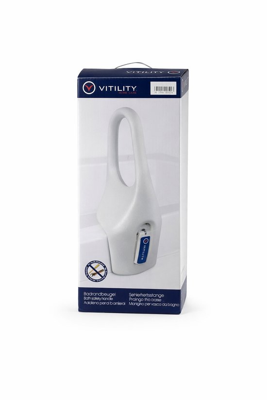 Verpakking van de witte badrandbeugel van Vitility, met productinformatie en afbeelding.