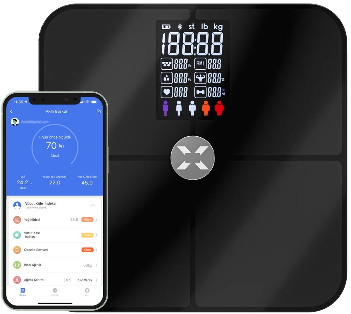 Xenon Smart X8702 Personenweegschaal met Bluetooth & App – Lichaamsanalyse + Hartslagmeter – BMI & Vet% – Apple Health & Google Fit – 180kg – Zwart