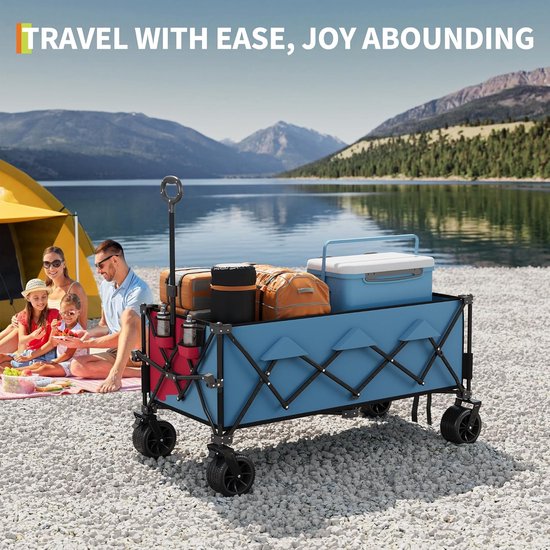 Opvouwbare Bolderkar 132cm - 350L Strandwagen met Rem & Bekerhouders - 210 kg Draagvermogen - All‑Terrain Strandkar voor Camping, Tuin & Vakantie - Zwart - Blauw — afbeelding 4
