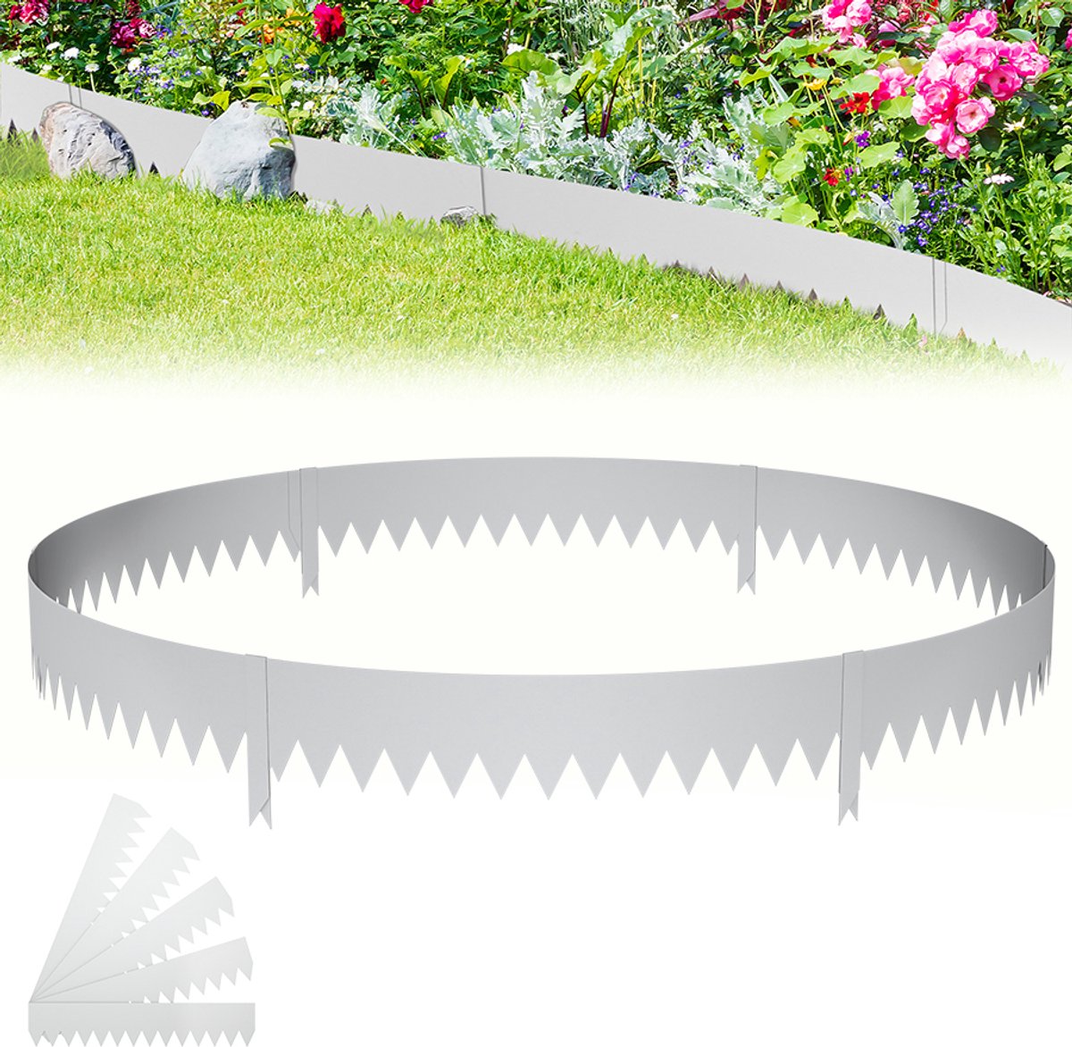 Aufun Gazonrandafwerking - 5 Delige Set - (Elk Stuk 100 cm × 20 cm) - Gegalvaniseerd Metaal - Totale Lengte 5,6 Meter - Zilver - Flexibele Gazonrandafwerking - Voor Tuin, Park, Boerderij