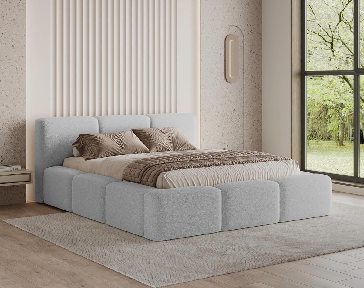 Gestoffeerd Opbergbed 140x200 cm met Bedlade & Hoofdbord – Bouclé Grijs – Como Luxe – Pauwhome