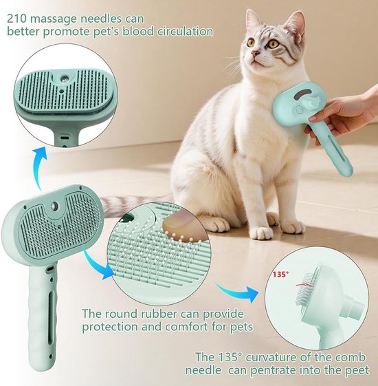 Grijze gestreepte kat wordt geborsteld met een lichtgroene stoomborstel. Inzetten tonen de 210 massage naalden, ronde rubberen kop en 135° kromming.
