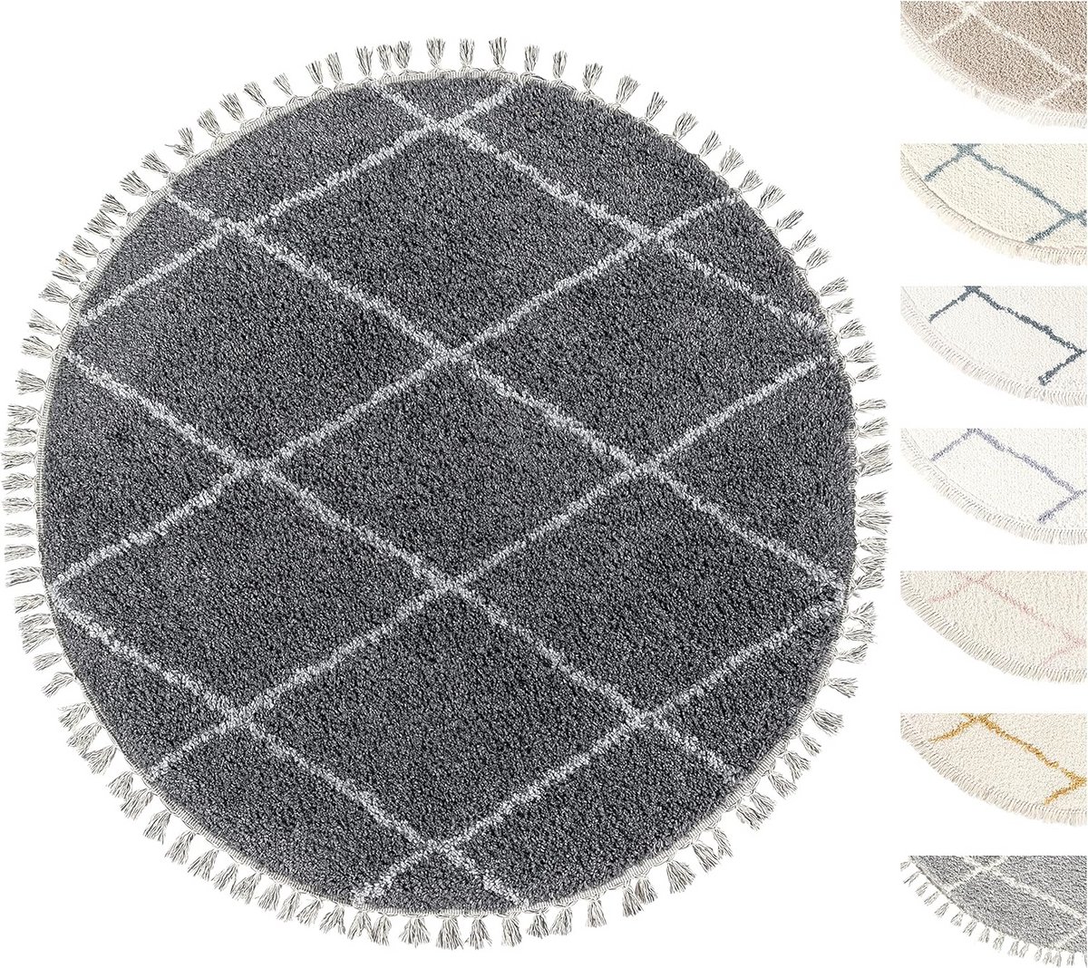Hoogpolig ronde vloerkleed 155 cm – zacht anthraciet met diamond patroon, geschikt voor vl