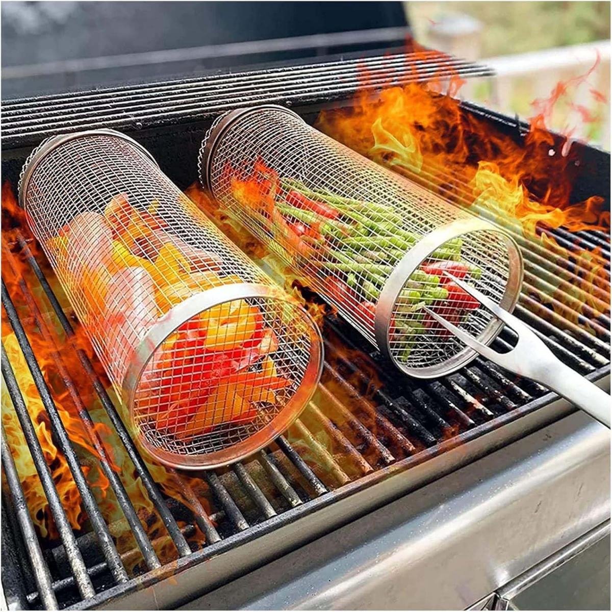 GELLDG Roestvrijstalen BBQ - Grote Rollende Grillmand - Grillrooster Mandje - Anti-aanbak Vis Groenten Grillrooster BBQ-accessoires - Geschikt voor buiten Picknick Kampvuur Kamperen - 2 Stuks - 20 cm
